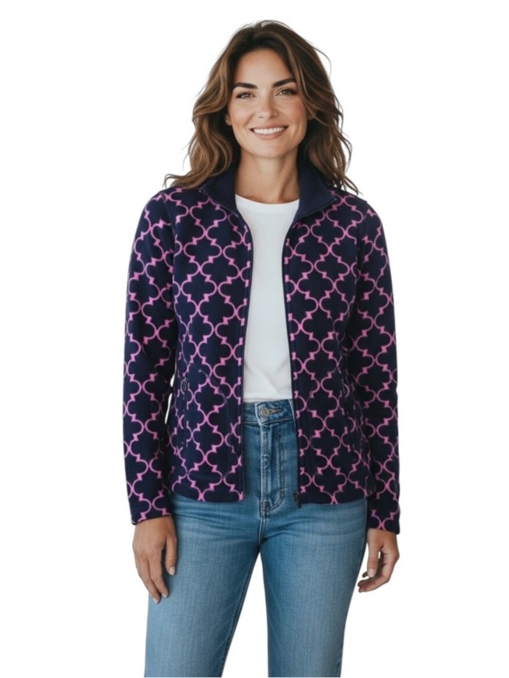 T by Talbots Navy & Pink Geometric Zip Fleece Jacket Size 2X